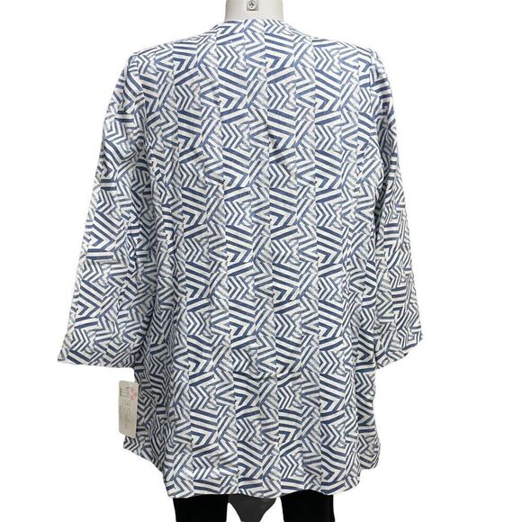 3 SISTERS BLUE ARROW AZTEC PRINT OPEN FRONT BLAZER / COAT 100% LINEN SZ L NEW! - Picture 3 of 12
